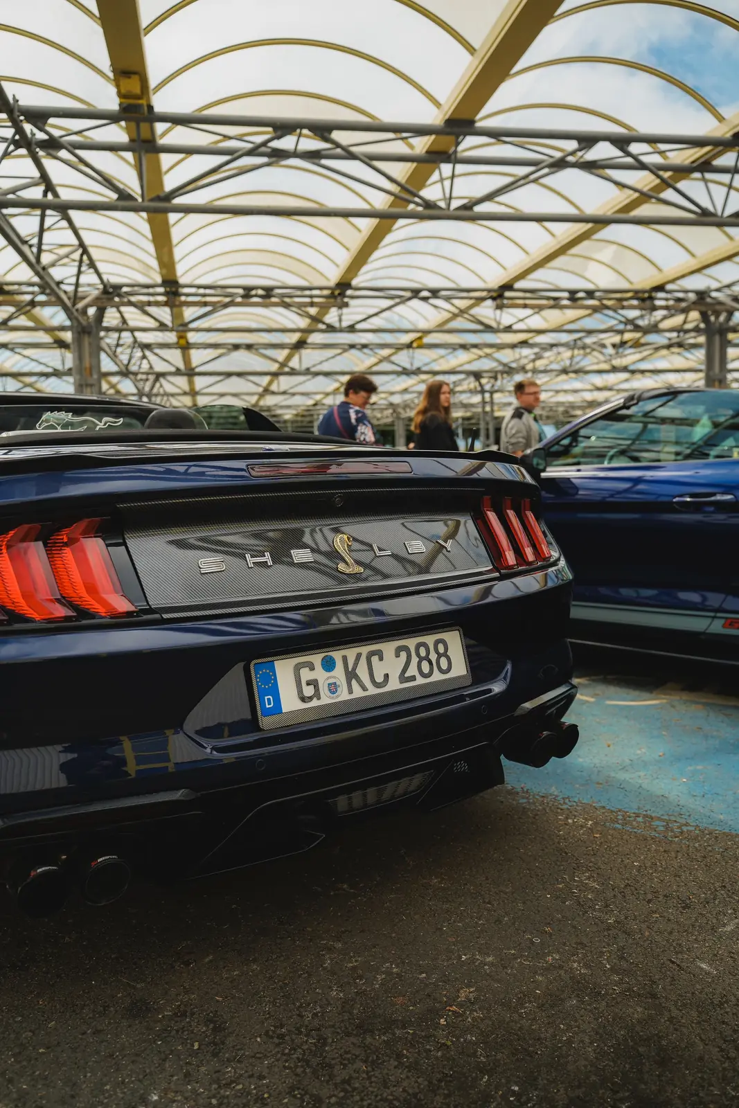 Heck eines dunkelblauen Shelby-Mustangs unter dem Glasdach