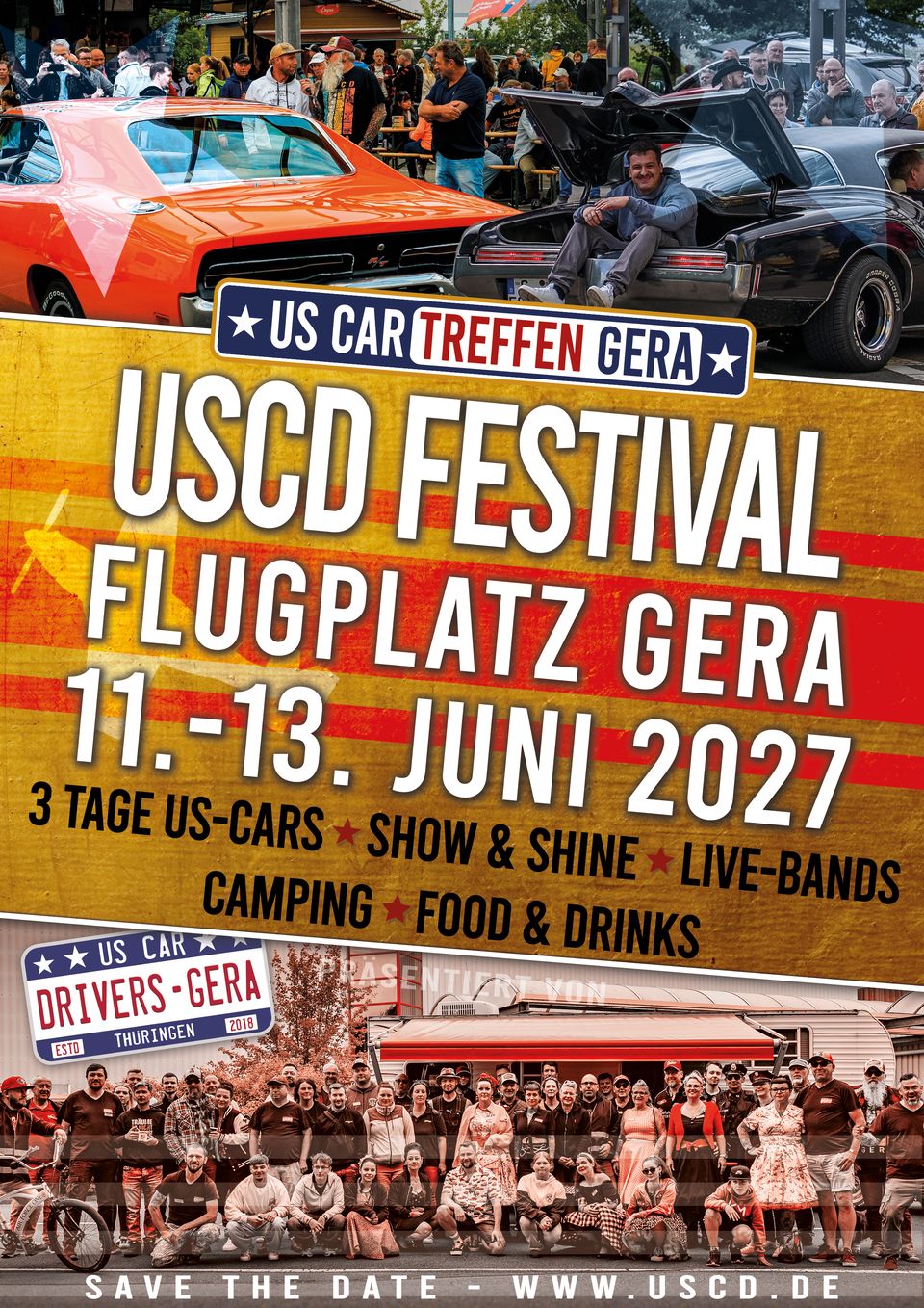 Save-the-Date-Flyer: USCD Festival, Flugplatz Gera, 11. bis 13. Juni 2027. 3 Tage US-Cars, Show & Shine, Live-Bands, Camping, Food & Drinks. Unten das Gruppenfoto der US Car Drivers Gera und die Adresse www.uscd.de.